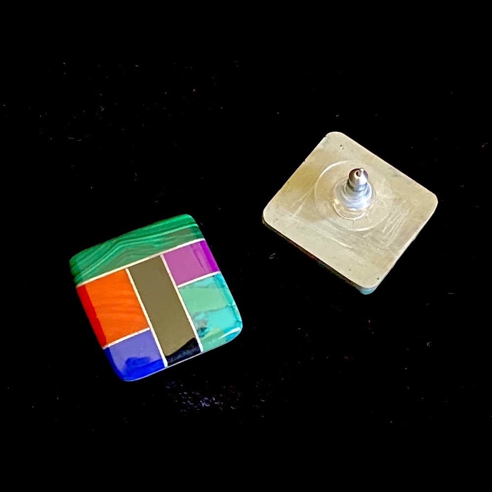 Native American Earrings, Semi-precious Gemstone Inlay & SS 1” Square, New Excel - Picture 5 of 8